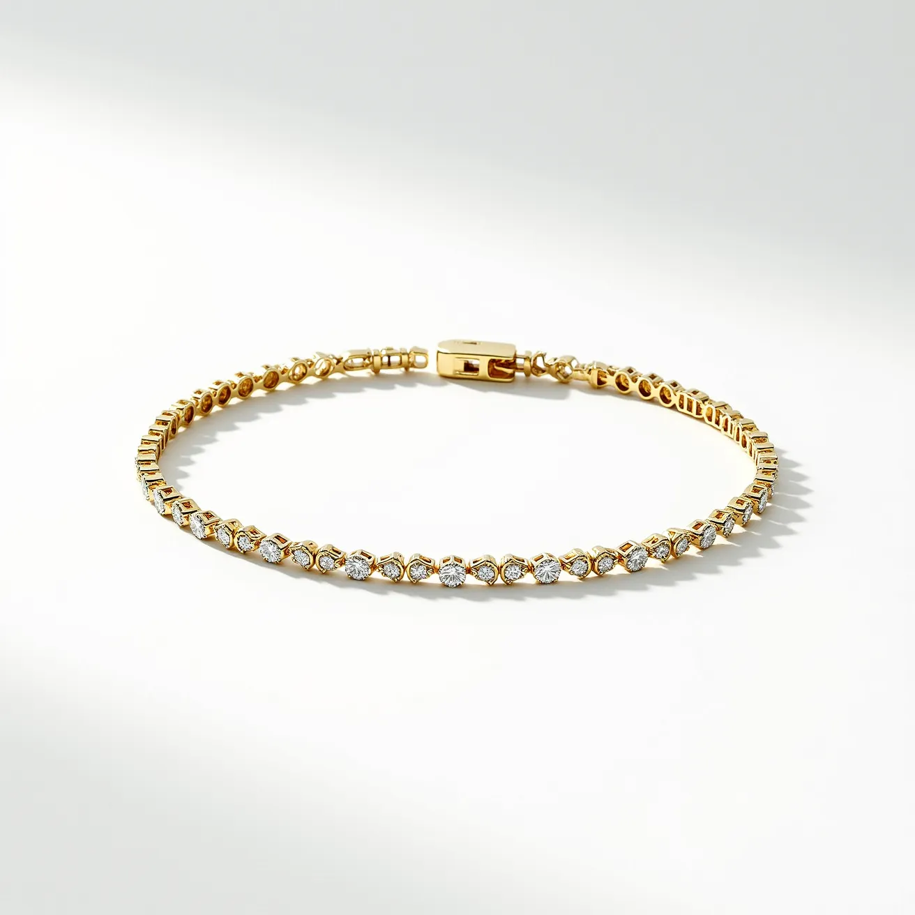 This gold tennis bracelet is elegantly crafted with a series of round-cut diamonds, each securely set in a prong setting that enhances their brilliance. The diamonds are evenly spaced and linked together to create a continuous, sparkling line around the wrist, accentuating the luxurious appeal of the bracelet. The bracelet features a sturdy and secure clasp mechanism, providing both functionality and ease of use for the wearer. The gold setting beautifully complements the shimmering diamonds, resulting in a timeless piece suitable for any occasion.