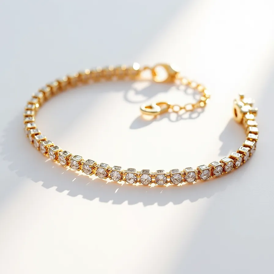 This gold tennis bracelet showcases a series of round-cut diamonds, each securely held in individual prong settings. The bracelet features a classic box clasp with a safety latch, ensuring it remains fastened during wear. The gold metal beautifully complements the brilliance of the diamonds, giving the piece an elegant and luxurious appearance. The combination of high-quality materials and precise craftsmanship makes this bracelet a timeless accessory.