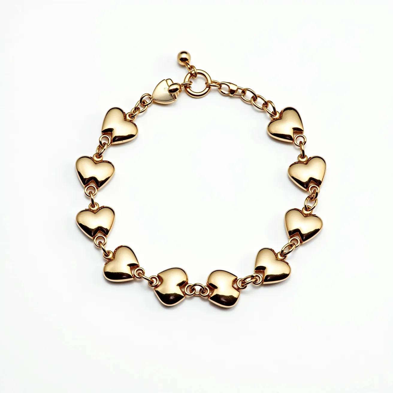 This heart bracelet is crafted from what appears to be a polished yellow gold material, featuring a series of evenly spaced heart-shaped links. Each heart link is seamlessly connected by small round jump rings, allowing for a flexible and comfortable fit. The bracelet is equipped with a lobster clasp, suggesting a secure and easy-to-use closure mechanism, supplemented by an extension chain topped with a small bead for adjustable sizing. This design emphasizes simplicity and elegance, with a consistent heart motif throughout.