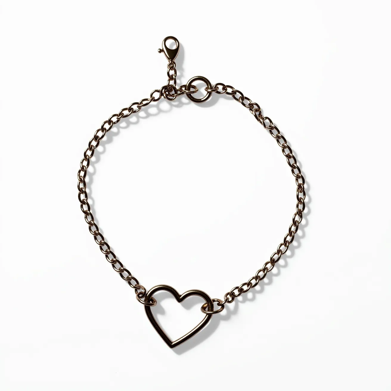 This heart bracelet features a simple and elegant design, consisting of a polished metal chain linked to a large, open heart-shaped charm at its center. The chain links are uniform and closely connected, providing a consistent and neat appearance. The bracelet closes with a lobster clasp, offering a secure and adjustable fit. The heart charm is crafted from the same metal as the chain, exhibiting a smooth and shiny finish, with no additional gems or stones adorning it. The overall aesthetic is minimalist, yet stylish, making it a versatile accessory for various occasions.