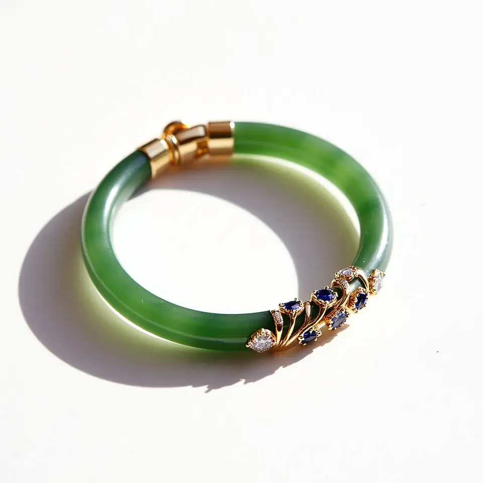 This jade bracelet features a smooth, polished green jade bangle as its primary material. Decoratively, it showcases a cluster of blue gemstones, which appear to be sapphires, intricately set in gold mountings towards one side of the bracelet. These sapphires are accompanied by smaller white gemstones, possibly diamonds, adding a touch of sparkle and elegance. The bracelet includes a gold clasp that secures the piece comfortably around the wrist, providing both functionality and style.