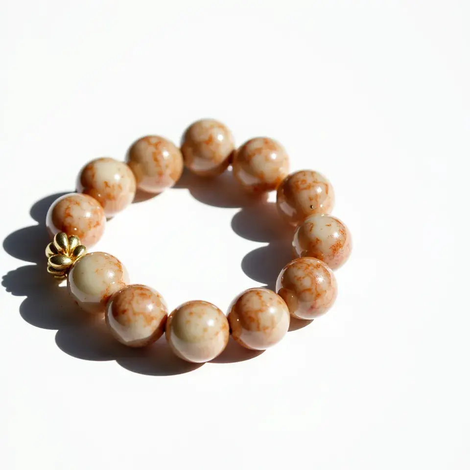 This jade bracelet features smoothly polished round beads with a mix of white and brown hues, creating an earthy, marbled appearance. The bracelet incorporates a single gold accent bead shaped like a small flower, adding a touch of elegance to the overall design. The beads are strung together on an elastic cord, allowing for a flexible fit on the wrist. The jade used in the beads is known for its calming and balancing properties, making it both a beautiful and meaningful accessory.