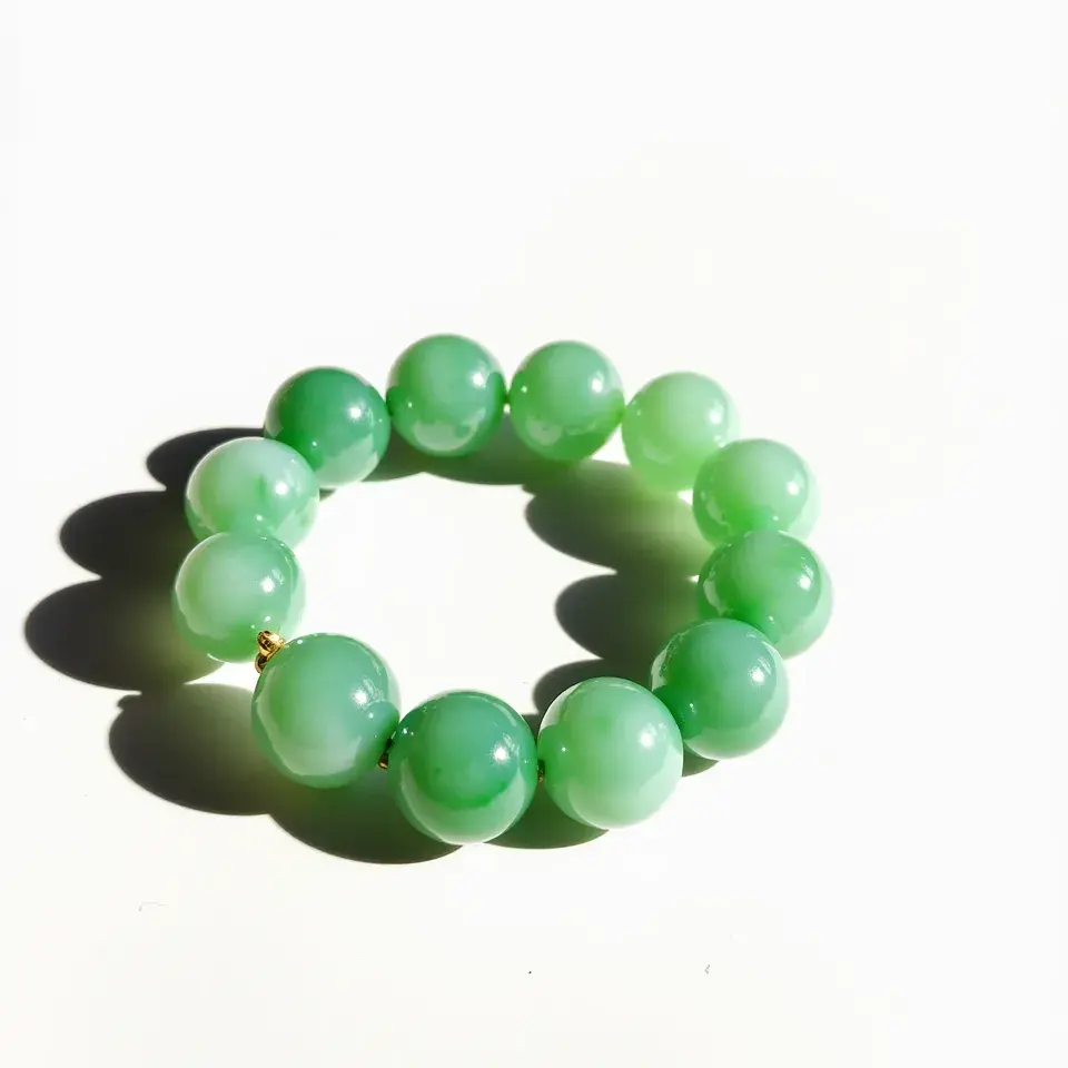 This jade bracelet features a series of smooth, round jade beads that exhibit a gradient of green hues, attesting to their quality and natural origin. The beads are uniformly sized and strung together without visible interruptions, indicating a potential use of an elastic material or invisible thread. The bracelet is devoid of any additional gems or intricate settings, maintaining a simple, elegant design that showcases the beauty of the jade stones. Moreover, a single gold bead adds a touch of contrast and subtle luxury to the overall appearance. This jade bracelet is both striking and understated, making it a versatile accessory for various occasions.