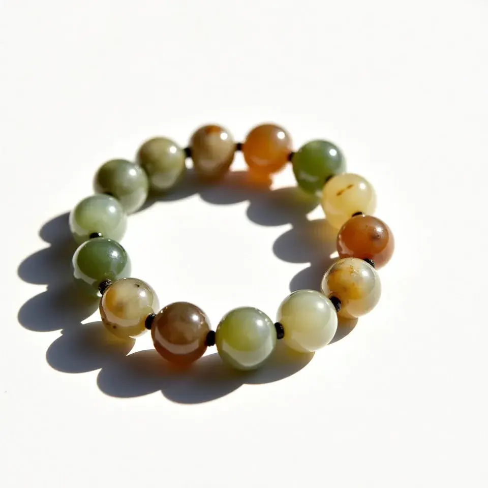 This jade bracelet features an array of polished jade beads in varying shades of green, brown, and cream, strung together seamlessly. Each bead is spherical and showcases the natural translucency and coloration characteristic of jade. The bracelet is designed without any visible metal clasps or attachments, relying on an elastic cord for ease of wear and flexibility. The jade beads, being uniform in size, create a harmonious and balanced appearance, highlighting the unique, natural beauty of each stone.