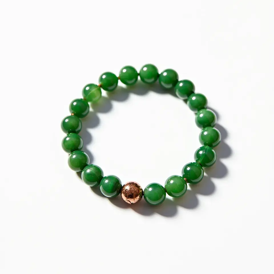 This jade bracelet comprises a series of polished green jade beads strung together in a continuous loop. Each bead is spherical, offering a smooth and glossy finish that enhances the deep green hues typical of jade. Accentuating the design is a single, contrasting metallic bead, which appears to be crafted from a coppery metal, providing a distinct visual break from the uniformity of the jade. The bracelet is designed to be slip-on, with no visible clasp or attachment, relying on the string's elasticity for easy wear.