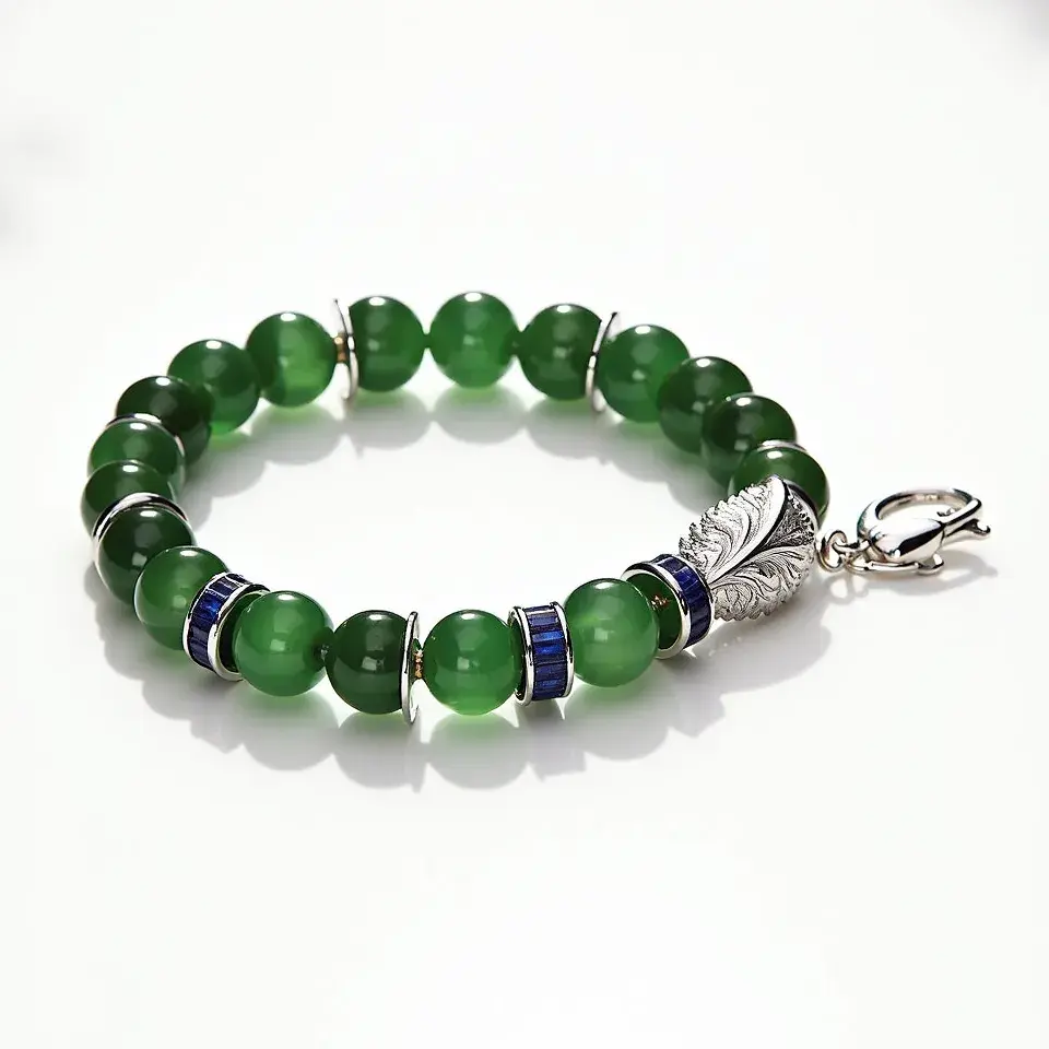 This jade bracelet features a series of polished green jade beads strung together, interspersed with metallic spacers. Each jade bead is round and smooth, providing a uniform aesthetic. Additionally, there are cylindrical blue stones encased in silver settings interspersed between some of the jade beads, adding a touch of elegance and contrast to the bracelet. A silver leaf-shaped charm is attached near the clasp, adding an artistic element to the piece. The bracelet is secured with a lobster clasp, ensuring it stays comfortably on the wrist.