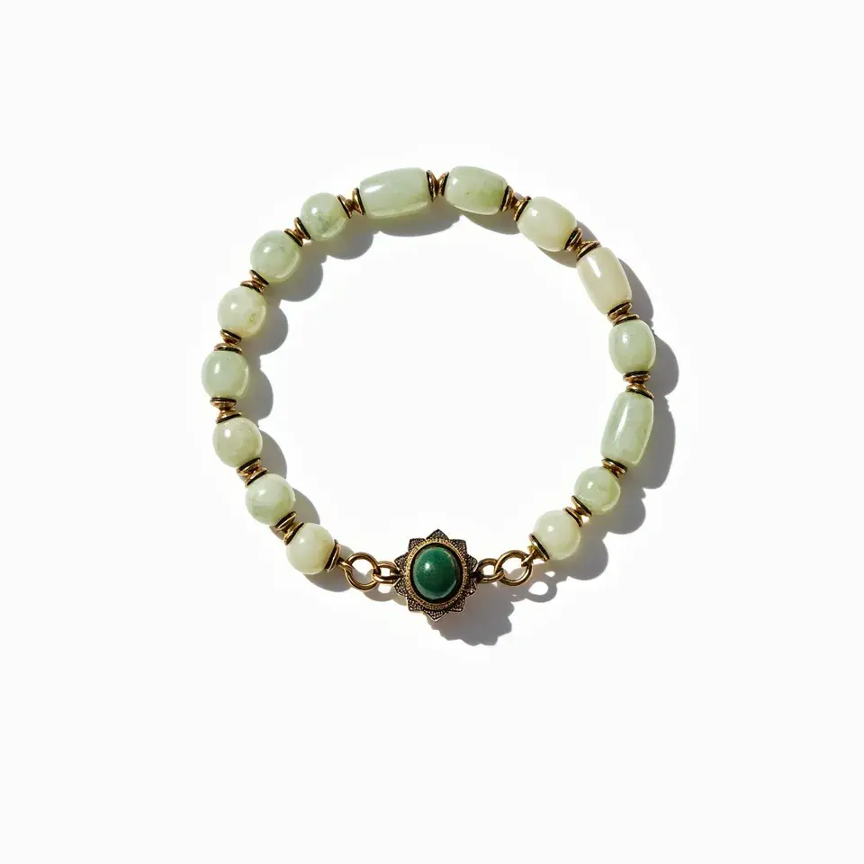 This jade bracelet features a series of smooth, rounded jade beads, characterized by their light green hue. The beads are evenly spaced with small gold rings in between, adding a touch of elegance and contrast to the natural jade. At the center, there is a decorative clasp that showcases a dark green stone set in an ornate gold setting, designed in a floral or sunburst pattern, which serves both as a closure mechanism and an attractive focal point. The combination of jade and gold elements gives the bracelet a classic and sophisticated appearance.