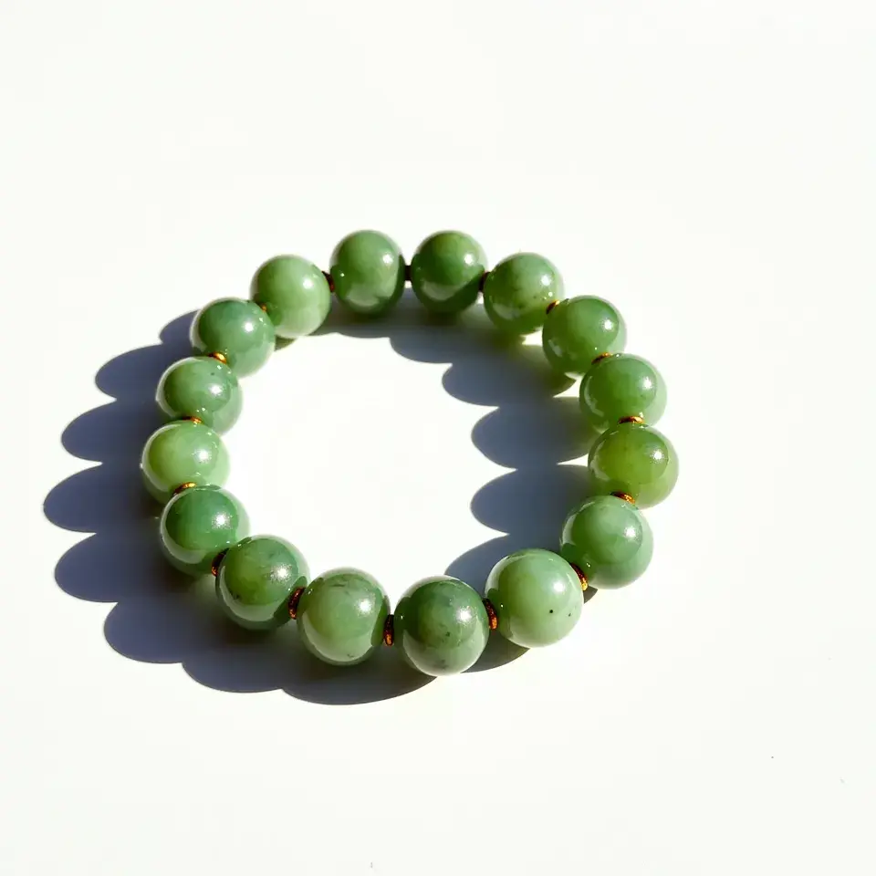 This jade bracelet features round, polished jade beads in a consistent green hue, strung together neatly. Each bead is separated by small gold-toned spacers that complement the bracelet's overall design. The jades are not faceted but rather smoothly cut, adding to the bracelet's elegant and understated appearance. The bracelet appears to be constructed with an elastic band, facilitating easy wearing without the need for a clasp or other attachment mechanisms. The green jade beads indicate a harmonious and organic aesthetic, making it a timeless and sophisticated piece of jewelry.