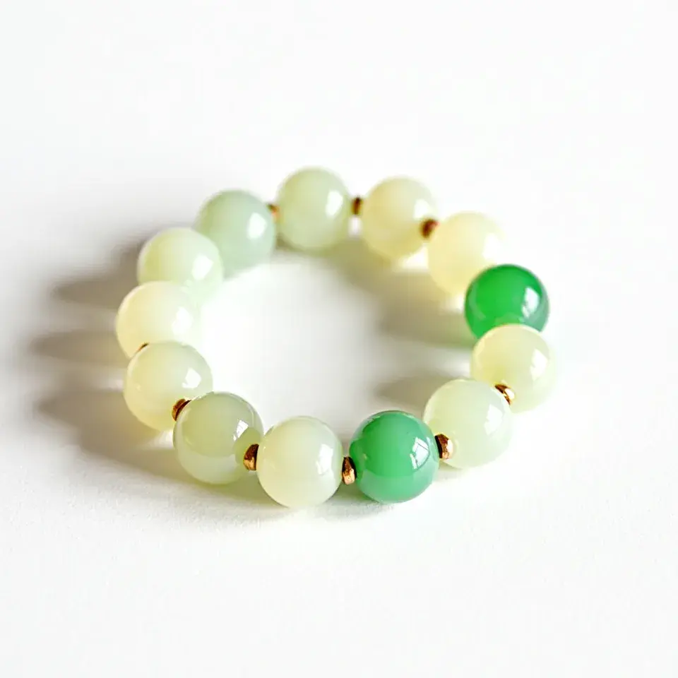 This jade bracelet features an array of smooth, rounded beads predominantly in a soft, milky hue along with a few beads presenting a vibrant green color. The beads are interspersed with small, metallic gold spacers that add a subtle touch of elegance. The bracelet follows a stretchable design, allowing for easy wear and removal without the need for a clasp or attachment. The jade stones are highly polished, showcasing their natural luster and enhancing the overall aesthetic of the piece.