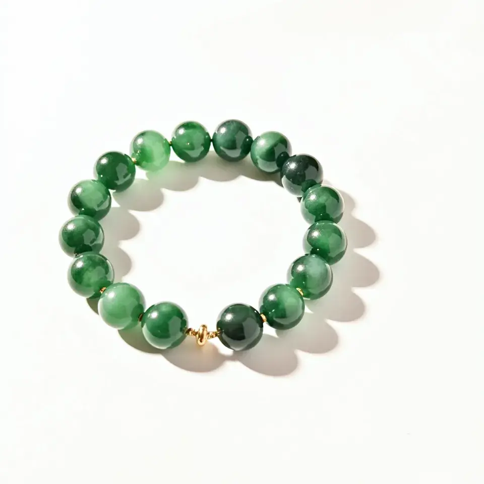 This jade bracelet is composed of uniformly spherical green jade beads, polished to a glossy finish, and strung together to form a continuous loop. Each bead displays varying shades of green, indicating the natural variations common in jade. The bracelet features small, gold-colored spacer beads, adding subtle accents between the jade beads. No visible clasp or attachment is present, suggesting it is a stretch bracelet designed for easy wearing.