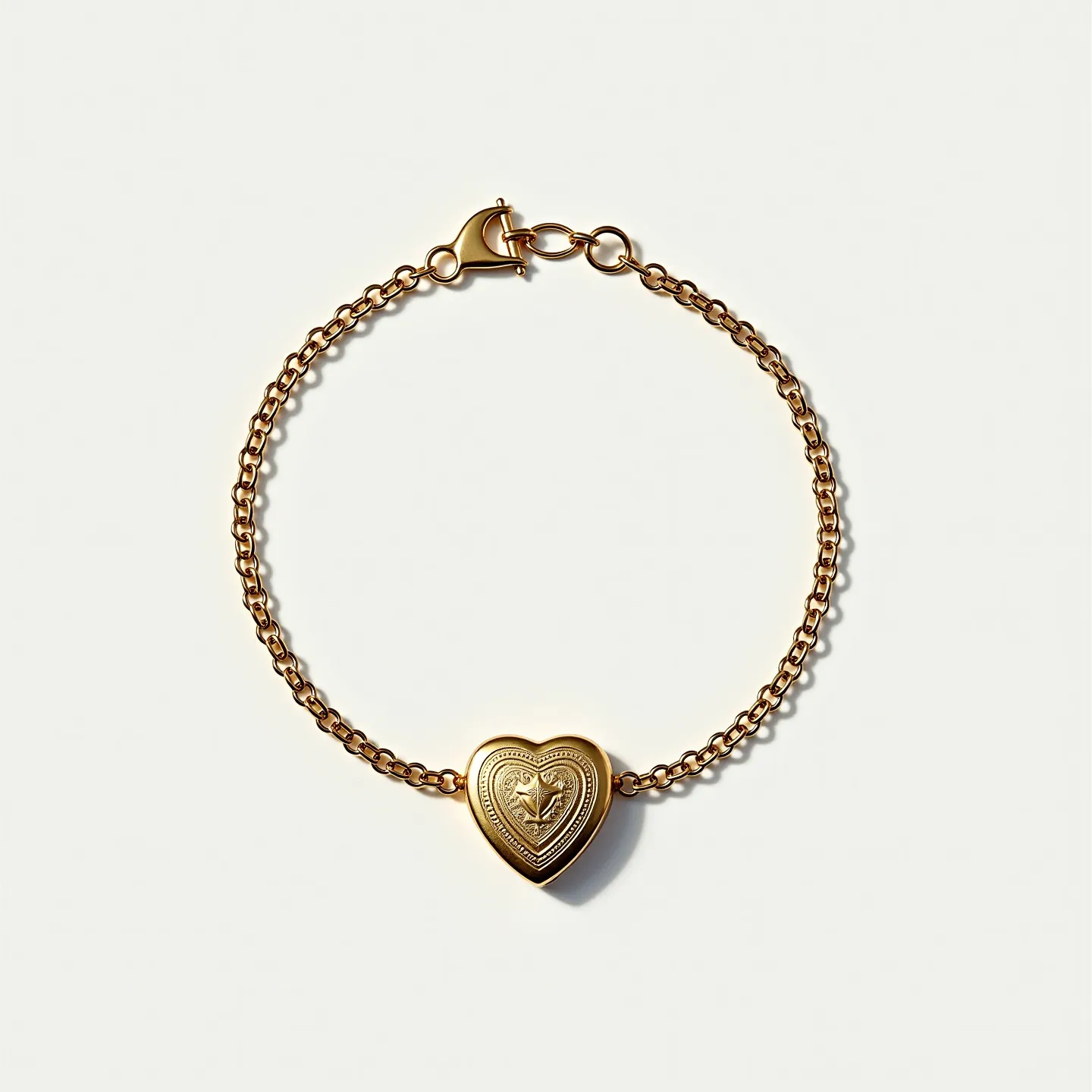 This locket bracelet features a delicate gold chain with interlocking links that create a smooth, flexible band. The centerpiece of the bracelet is a heart-shaped locket crafted from the same gold material, adorned with intricate etching that embellishes its surface. The locket is securely attached to the chain, providing both aesthetic charm and functional use. It is fastened with a lobster claw clasp, also in gold, ensuring the bracelet stays securely in place when worn. This elegant piece combines the utility of a locket with the timeless appeal of a classic gold bracelet.