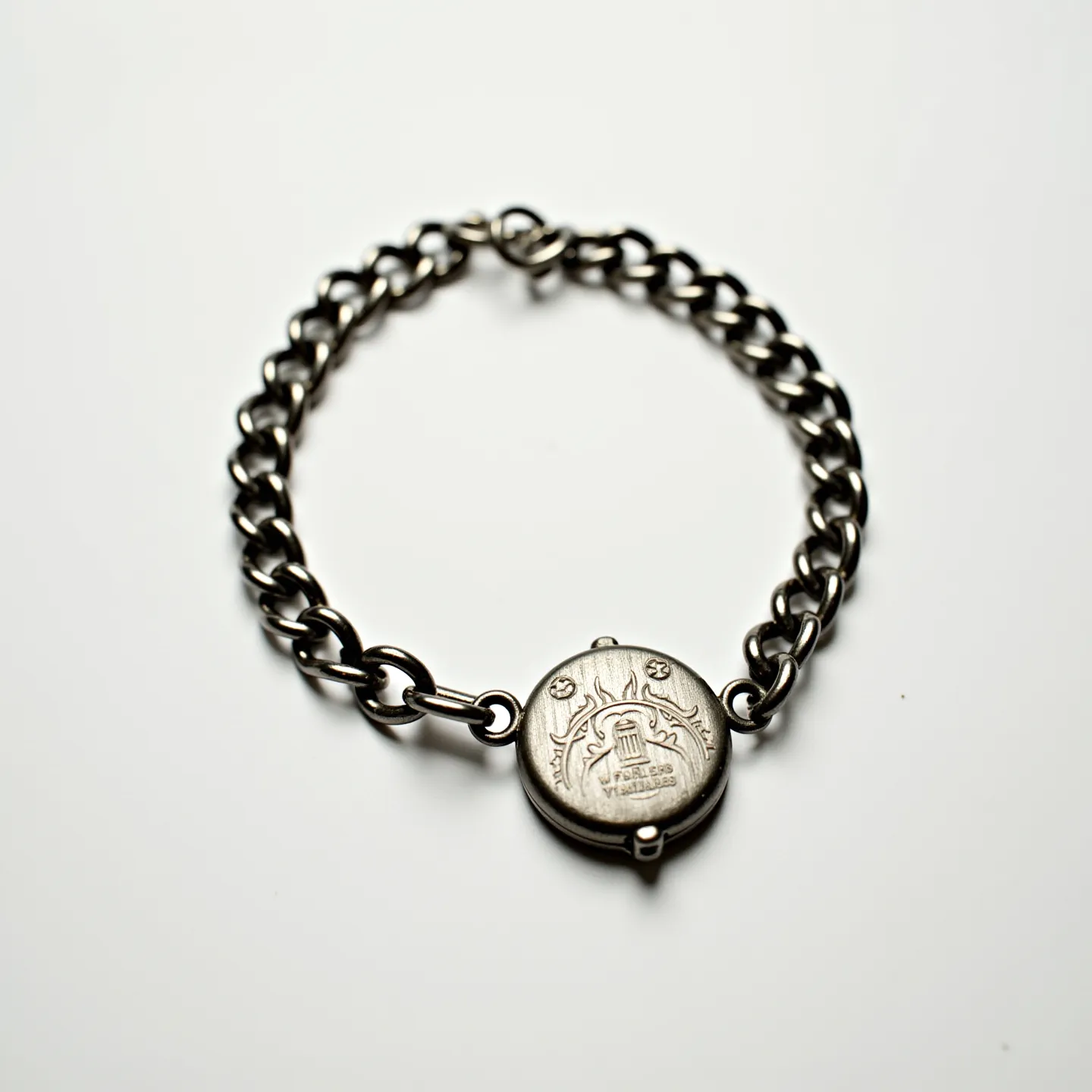 This locket bracelet features a robust, metallic chain with a circular locket as its focal point. The chain is composed of interconnected links, creating a durable and stylish design. The locket, intricately engraved with delicate patterns and symbols, serves as both a decorative element and a functional compartment for storing small keepsakes. The clasp mechanism appears secure and functional, ensuring ease of use while maintaining the bracelet's aesthetic cohesion. Overall, the sophisticated combination of the sturdy chain and the charming locket make this piece both practical and visually appealing.