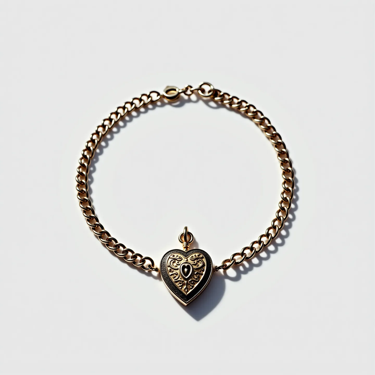 This locket bracelet features a gold metal chain with interlocking links and a heart-shaped locket as its central charm. The heart locket showcases intricate detailing with an ornate design, featuring an embedded black stone, likely an onyx, cut in an oval shape and set at the center of the heart. The locket is attached to the chain securely through a small loop. The bracelet is fastened with a simple, classic clasp mechanism, ensuring it's both secure and easy to wear.