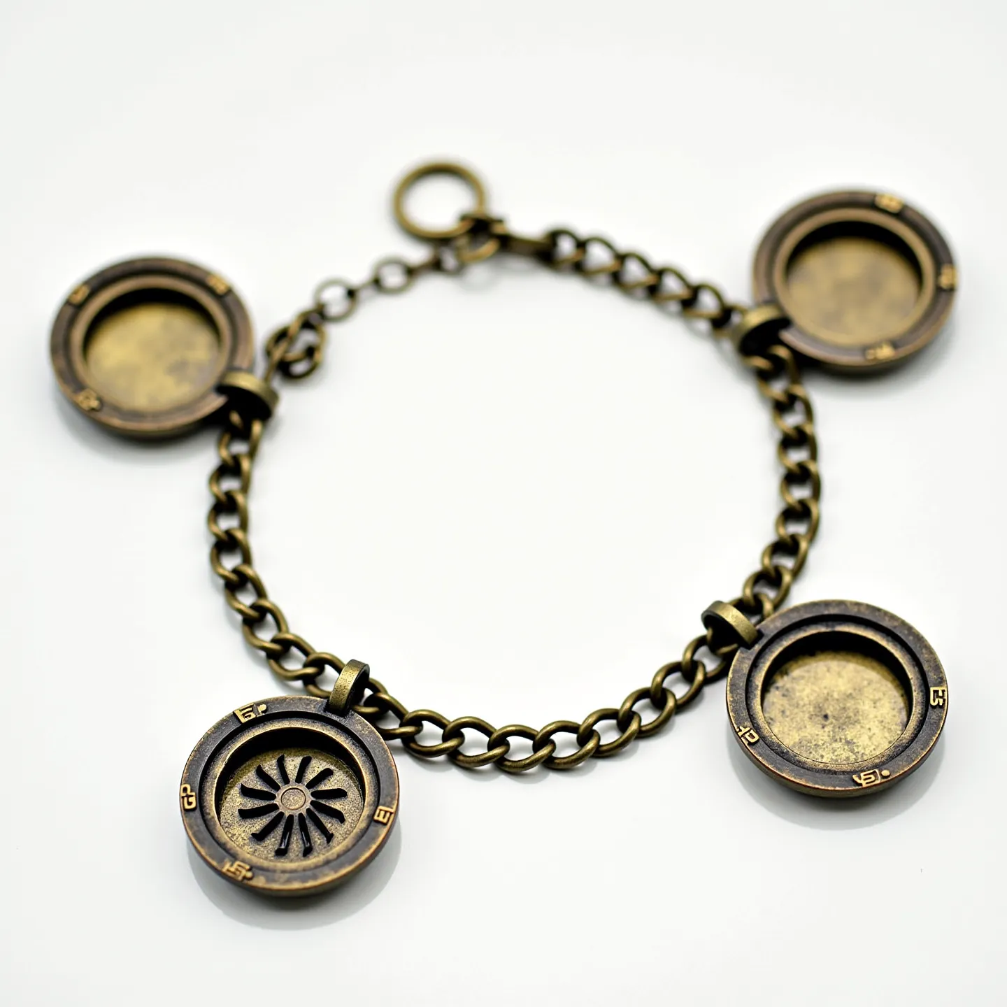 This locket bracelet features a chain composed of interconnected links, likely made from a metal with a dark, antique-bronze finish. The bracelet includes four round locket charms, each designed with meticulous detail. Three of these locket charms have an inner circular compartment with a protective cover that can potentially hold small photos or keepsakes, while one locket is stylized with a decorative pattern resembling a flower cutout. The lockets are attached to the bracelet via small jump rings. The bracelet is secured with a circular clasp that interlocks with a corresponding ring for closure.