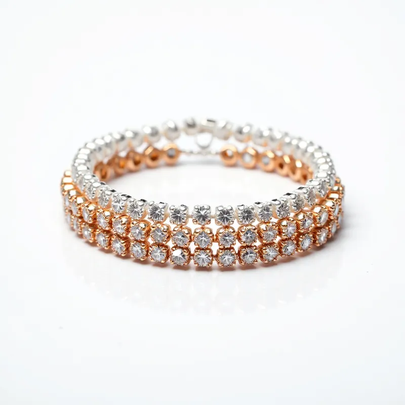 This matching bracelets set showcases a combination of metallic and gem elements forming a striking design. The bracelets are primarily composed of two-tone metals, with the upper portion crafted from silver and the lower portion, as well as the middle segments adorned in a rosy, gold hue. Each bracelet is embedded with round-cut, clear gemstones set in a prong setting that reflects sophistication and elegance. The overall design forms a continuous loop without visible clasps, offering a seamless and elegant look.