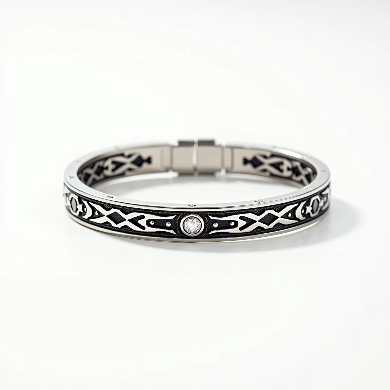 This men's bracelet features a sleek metallic band adorned with intricate, blackened detailing throughout its circumference. In the center, set in a simple bezel setting, is a single round-cut gem, likely a diamond, which adds a touch of elegance to the piece. The bracelet is secured with a sturdy clasp, ensuring a secure fit, and the overall design combines both modern and classic elements, making it a versatile accessory.