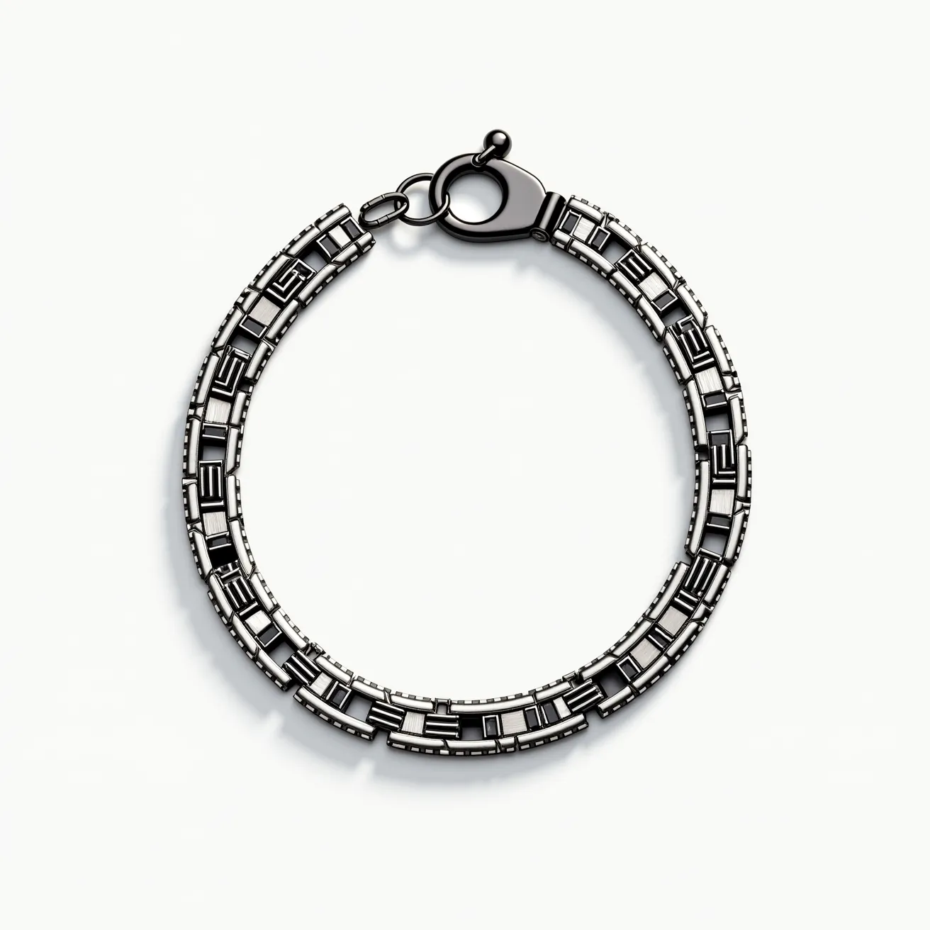 This men's bracelet features an intricate design crafted from polished metal links, showcasing a modern and geometric pattern. It consists of rectangular and square segments interwoven in a stylish and detailed configuration. Each link appears to be solid and is carefully connected, ensuring durability and comfort. The bracelet is fastened with a sturdy lobster clasp, ensuring secure attachment when worn. This elegant accessory exemplifies contemporary craftsmanship and is suited for various occasions.