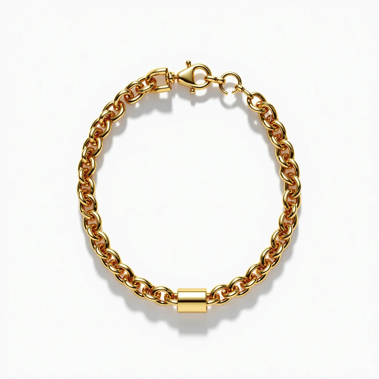 This men's bracelet features a series of interlinked golden chain links, creating a bold and sleek appearance. The bracelet includes a cylindrical segment that adds a distinct design element to the piece. The material appears to be gold, suggesting a luxurious and elegant appeal. It is equipped with a lobster clasp, which provides a secure and convenient fastening mechanism. The craftsmanship and choice of materials highlight both functionality and fashion, making it a versatile accessory for various occasions.