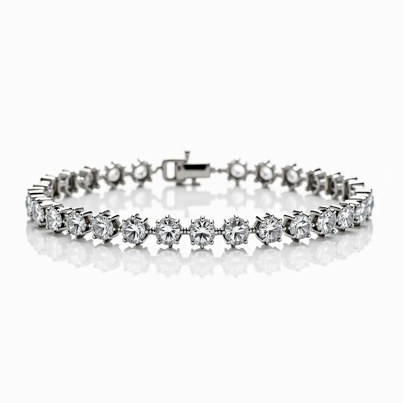 This moissanite tennis bracelet features a series of round-cut moissanite gems, each securely held in place by prong settings. The gems are set in a sleek and polished metal, likely white gold or platinum, providing a classic and elegant appeal. The arrangement of stones is uniform, creating a sparkling and continuous line around the wrist. The bracelet includes a box clasp with a fold-over safety latch, ensuring both security and ease of use.