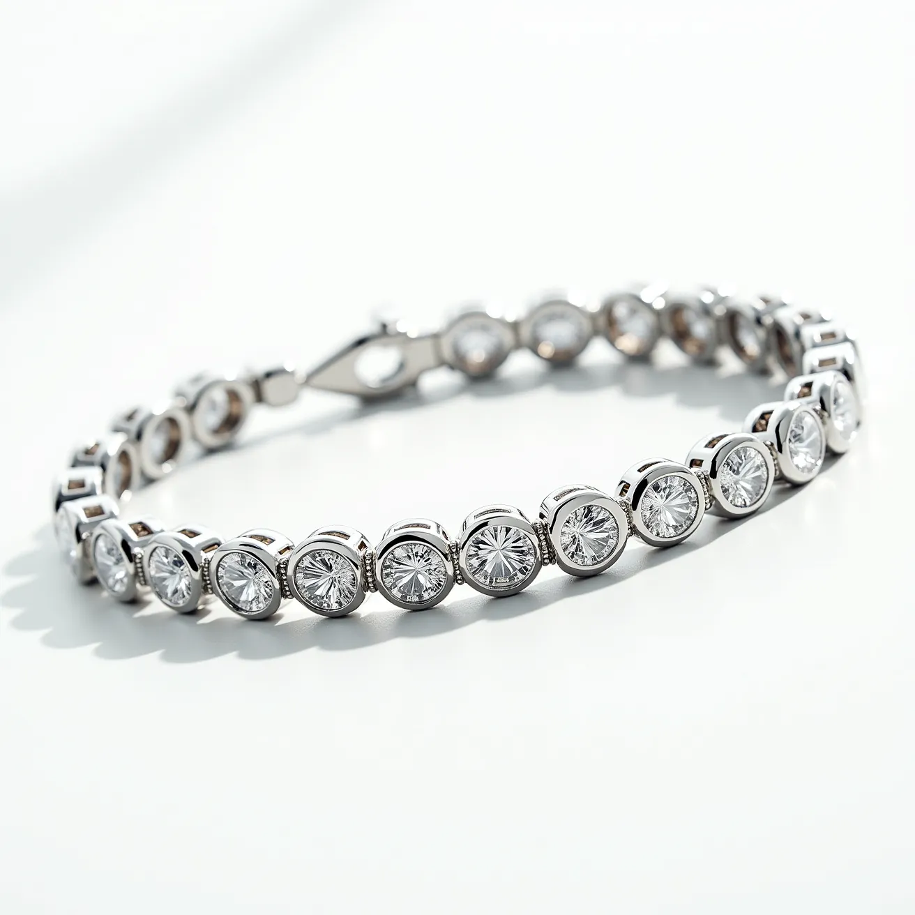 This moissanite tennis bracelet showcases a refined and elegant design with a series of round-cut moissanite gems meticulously set in a continuous line. Each sparkling stone is securely held in a bezel setting, which not only enhances their brilliance but also provides durability. The bracelet features a polished metal, likely white gold or platinum, that complements the shimmering stones and adds a touch of sophistication. For added security, it is equipped with a detailed clasp mechanism that ensures a snug fit when worn, making it both a beautiful and practical piece of jewelry.