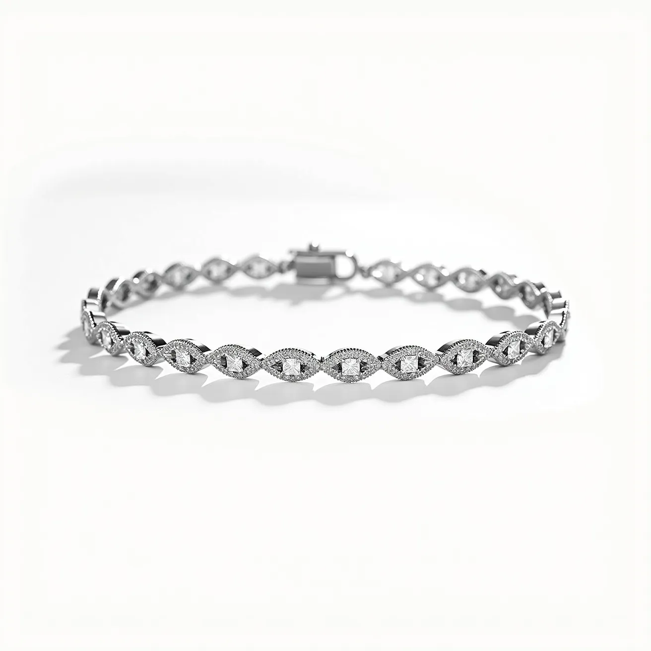 This moissanite tennis bracelet features a series of brilliant, round-cut moissanite gemstones set in an intricately designed metal band, likely made of a precious metal such as white gold or platinum. Each gemstone is encased in a detailed, marquise-shaped bezel setting that adds to the bracelet's elegance and sophistication. The moissanite stones are arranged symmetrically, offering a continuous sparkle around the wrist. The bracelet is secured with a rectangular box clasp, ensuring both security and style. This piece exemplifies meticulous craftsmanship and a timeless design.