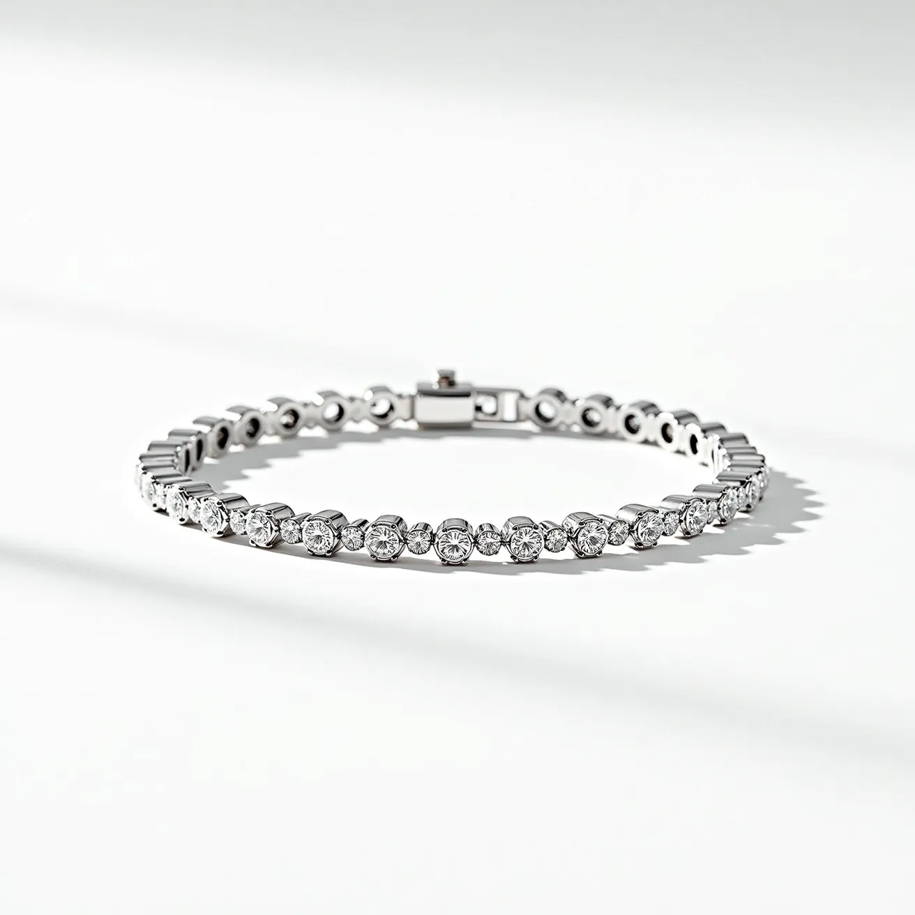 This moissanite tennis bracelet features a series of round-cut moissanite gemstones, each securely set in a delicate prong setting that emphasizes the brilliance of the stones. The bracelet is crafted from a sleek, polished metal, likely white gold or platinum, which complements the sparkle of the moissanite. It is equipped with a secure clasp mechanism to ensure a snug and reliable fit on the wrist, adding both elegance and functionality to the design. The overall appearance is one of understated sophistication, with the moissanite stones providing ample fire and brilliance.