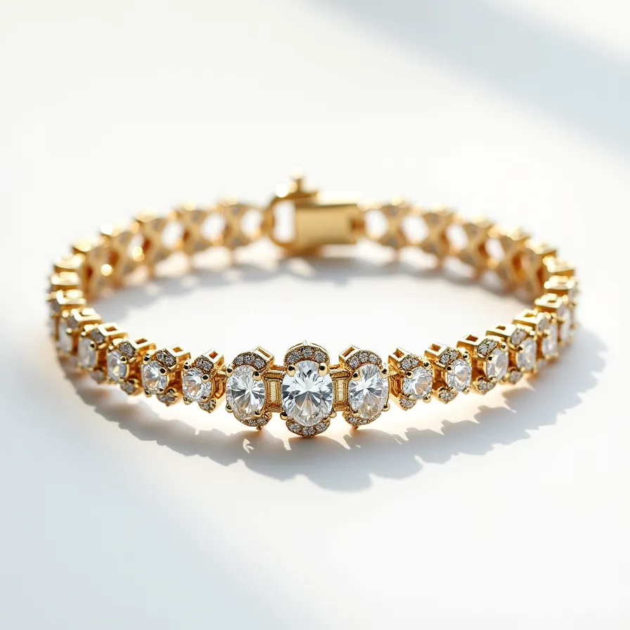 This moissanite tennis bracelet showcases a series of brilliantly cut moissanite gems set in a luxurious gold band. Each moissanite stone is oval-cut, surrounded by smaller round moissanite stones in a prong setting that enhances their sparkle. The gold band provides a rich contrast, highlighting the fire and brilliance of the moissanite gems. The bracelet features a secure box clasp that ensures it stays fastened comfortably around the wrist, combining elegance and practicality in its design.