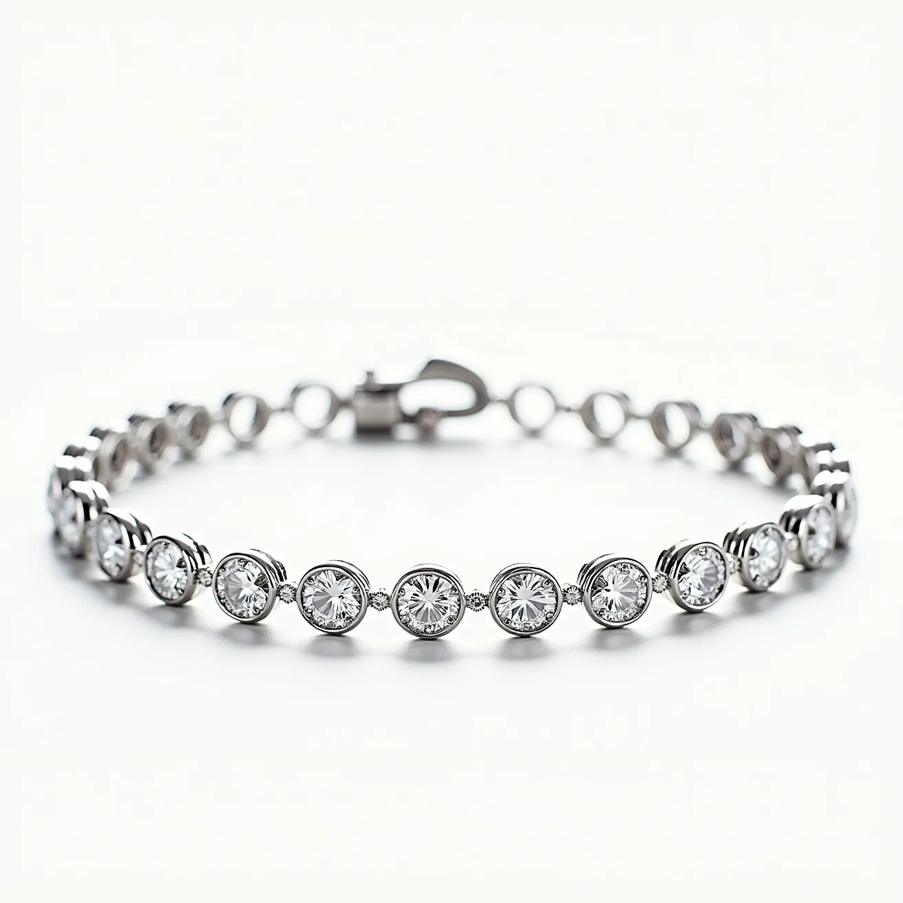 This moissanite tennis bracelet features a series of brilliant round cut moissanite stones, each set in an individual bezel setting. The stones, renowned for their exceptional sparkle and durability, are likely complemented by a metal such as white gold or platinum, which forms the structure of the bracelet. Each moissanite gem is securely held within its own circular metal bezel, ensuring both elegance and security. The bracelet is fastened with a fold-over clasp, which provides a secure and seamless closure while maintaining the overall sleek and timeless design of the piece.