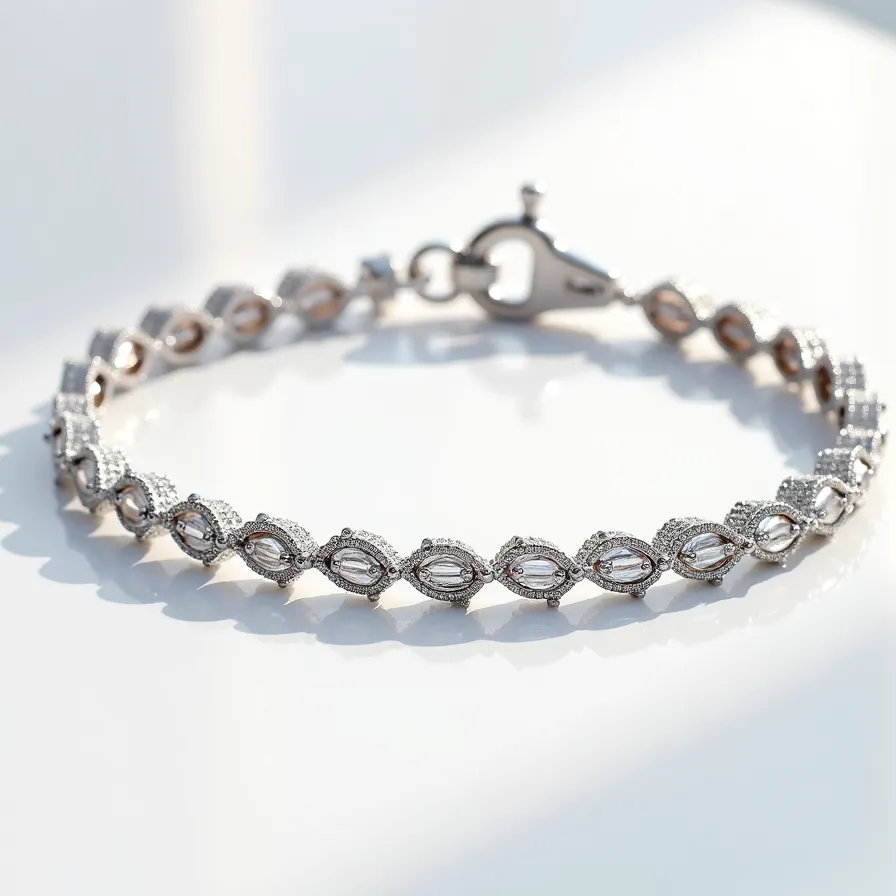 This moissanite tennis bracelet features marquise-cut gems set within intricate, alternating metal links that likely incorporate either white gold or platinum. Each moissanite stone is securely prong-set, enhancing its sparkle and visibility. The bracelet is elegantly finished with a lobster clasp, ensuring a secure mechanism for wearing and removal. This piece boasts a refined design, with the metal and stones working harmoniously to create a sophisticated and luminous accessory.