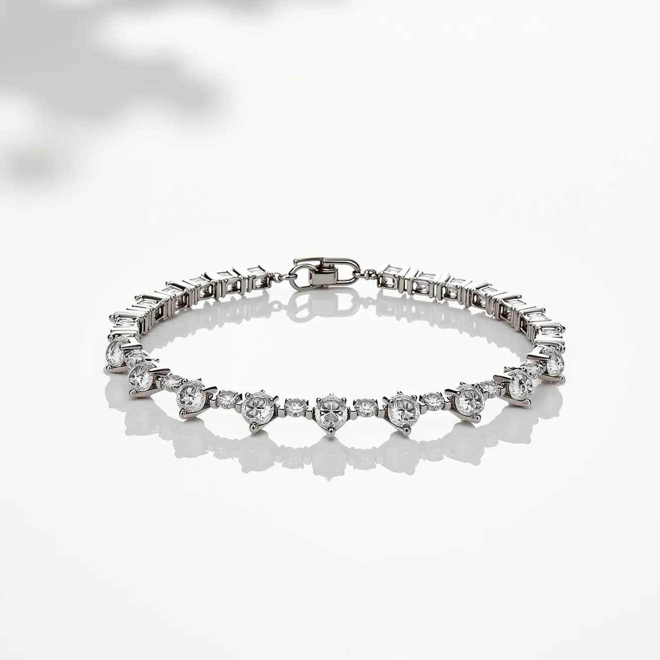 This moissanite tennis bracelet features a series of round-cut moissanite gemstones, each securely set in a four-prong setting, linked together to form a continuous, shimmering band. The bracelet is crafted from a polished metal, likely white gold or platinum, which complements the brilliant sparkle of the moissanite stones. Each gem is uniformly spaced, ensuring consistent radiance throughout. The bracelet is fastened with a secure clasp, providing both functionality and elegance, making it a timeless accessory for any occasion.