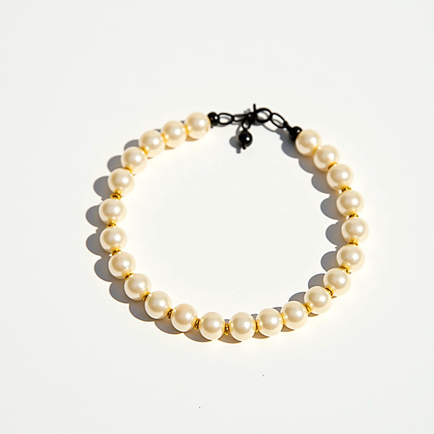 This pearl bracelet features a series of round, uniform, lustrous white pearls that are evenly spaced by small, gold-colored spacer beads. The pearls are meticulously strung together, demonstrating a classic and elegant design. It is secured with a dark-colored clasp that includes a standard hook and eye closure mechanism, providing both functionality and a contrasting touch of color to the overall aesthetic.