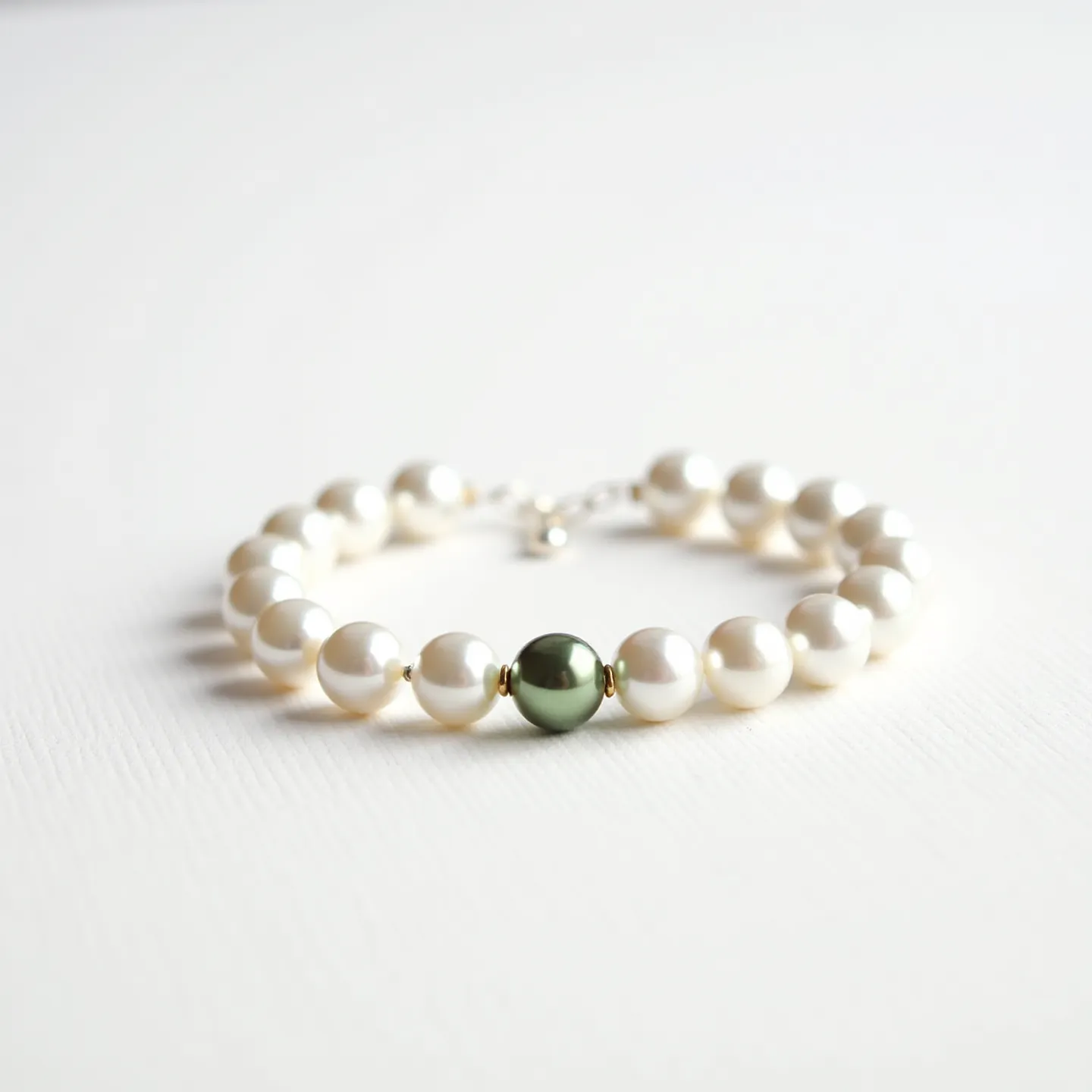 This pearl bracelet features a series of evenly sized, round white pearls interspersed with small gold spacer beads. A central, standout green pearl is also integrated into the design, adding a distinctive contrast to the arrangement. The bracelet includes a silver clasp, securing the piece while maintaining an elegant aesthetic.