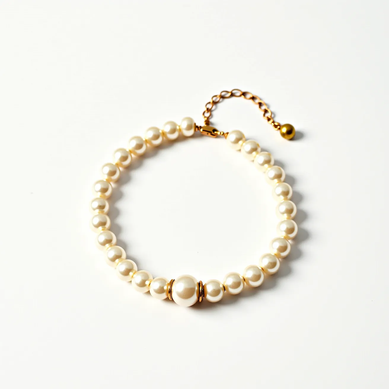 This pearl bracelet features uniformly sized, spherical pearls strung together, encircling a central, larger pearl accentuated by two small gold rings on either side. The clasp is a delicate gold-colored metal chain with a small, spherical bead at the end, allowing for adjustable sizing and secure attachment. The combination of lustrous pearls and gold elements gives the bracelet an elegant and timeless appearance.