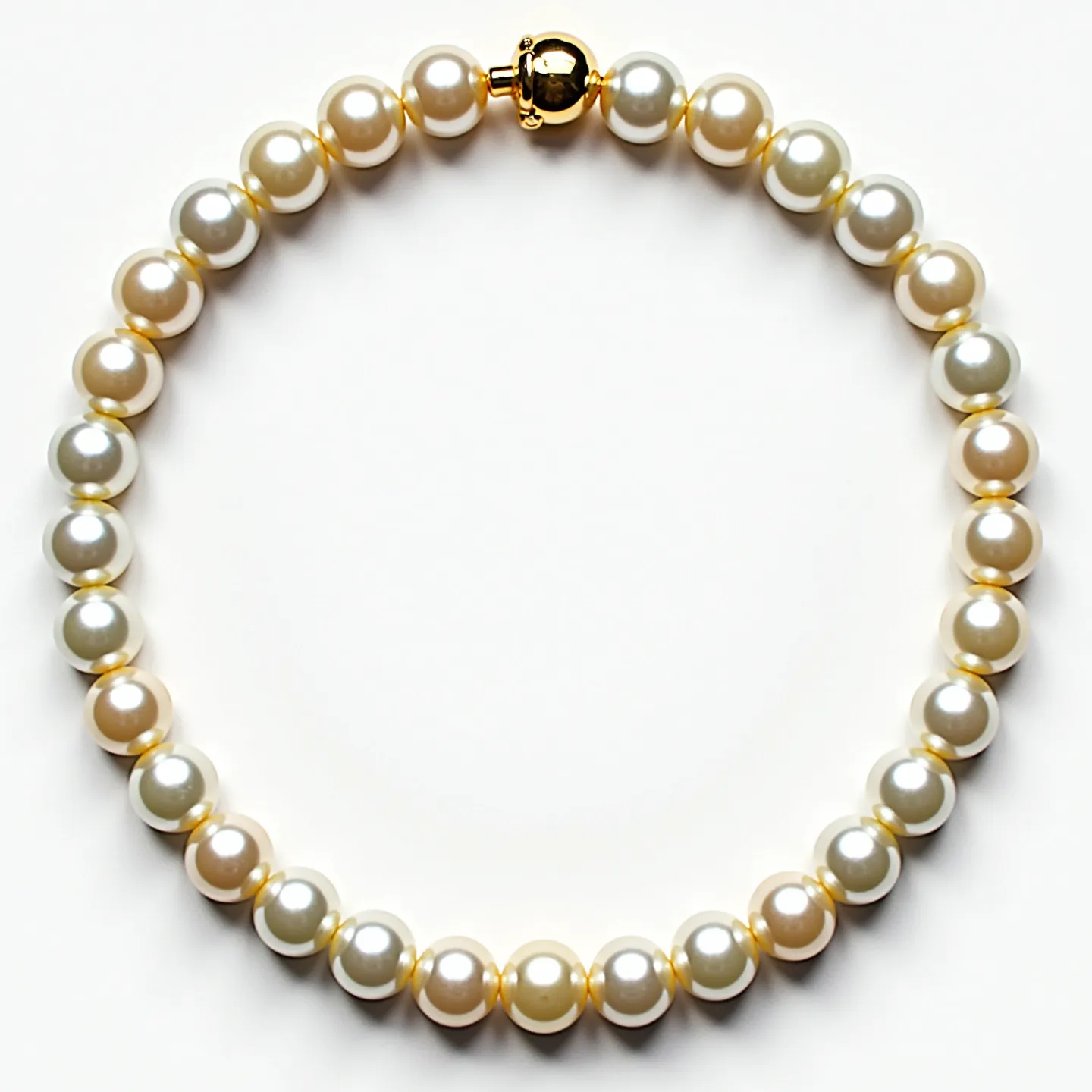 This pearl bracelet features a series of round, lustrous pearls strung together to form a continuous loop. The pearls vary slightly in hue, displaying a range of white to cream shades, and each one appears to be well-matched in size, contributing to the bracelet's elegance. The bracelet is secured with a polished, gold-toned magnetic clasp, which not only provides a secure closure but also adds a touch of sophistication to the overall design. The pearls are likely natural or cultured, given their consistent shape and smooth surface. This piece exemplifies classic jewelry design with its simple, yet timeless aesthetics.