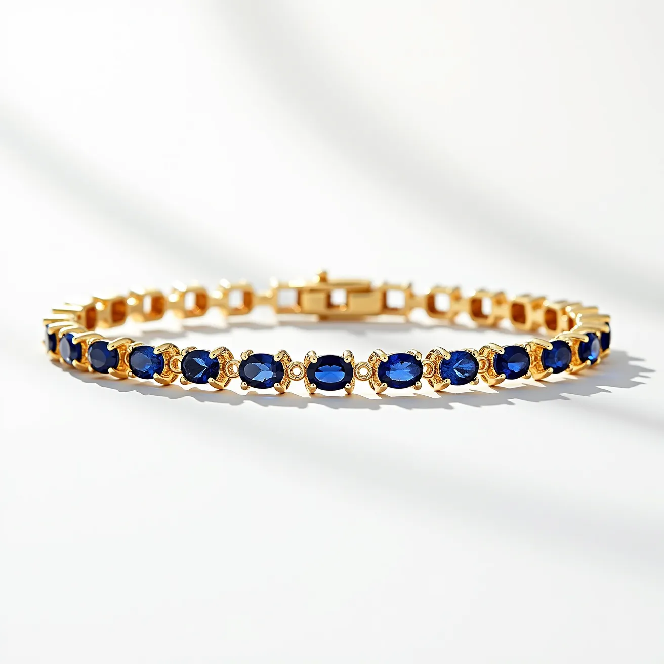 This tennis bracelet features a luxurious design composed of rich, deep blue oval-cut gemstones, likely sapphires, set in a series of elegant prongs made from gold. The stones are arranged in a continuous line along the bracelet, each gem securely held in a classic four-prong setting, allowing maximum visibility and brilliance of the stones. The bracelet is finished with a box clasp, ensuring a secure and seamless attachment, adding both functionality and sophistication to the piece.