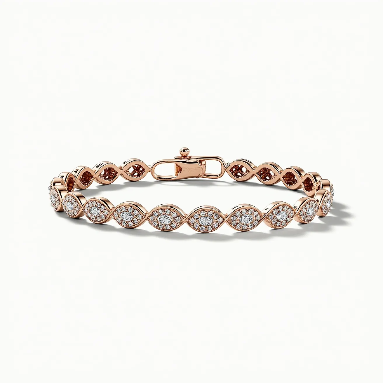 This tennis bracelet features a series of intricately designed links that appear to be crafted from rose gold. Each link is shaped into an elegant oval form and is set with numerous round-cut diamonds that create a dazzling display of sparkle. The diamonds are securely held in a pave setting, enhancing their brilliance and ensuring durability. The bracelet is equipped with a secure clasp mechanism, providing both functionality and style. The continuous design of the rose gold and diamond ovals gives the piece a luxurious and cohesive appearance, making it a striking and elegant accessory.