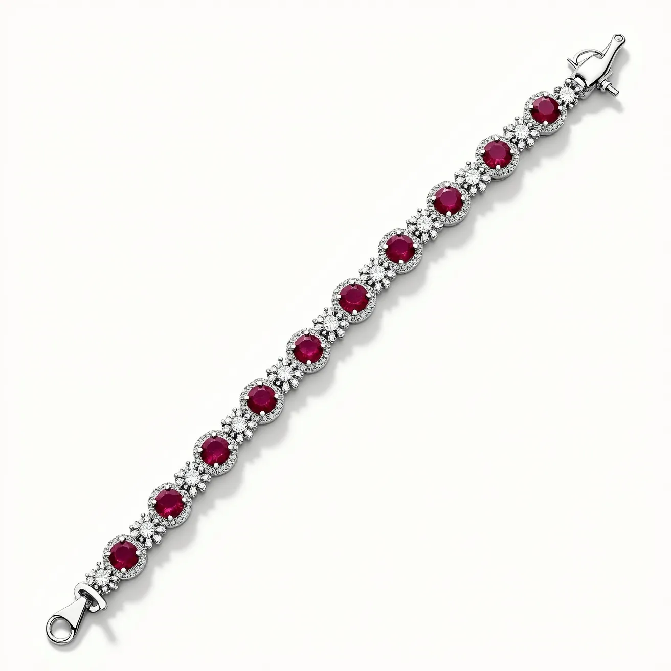 This tennis bracelet features a series of vibrant red gemstones, each expertly cut in a round shape, likely rubies. The rubies are set in a silver or white gold band, further accentuated by clusters of small, white stones, potentially diamonds, surrounding each ruby in a halo design. In between each central stone, there are intricate floral or star-like settings, enhancing the overall elegance of the piece. The bracelet is secured with a box clasp featuring a double safety mechanism, ensuring both style and security.