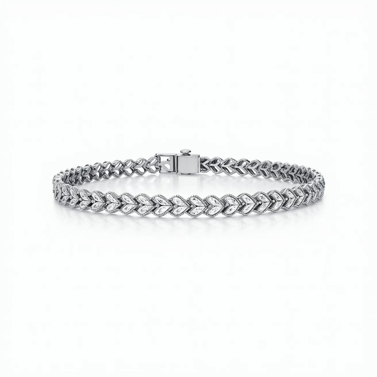 This tennis bracelet features a series of intricately designed links, each shaped in an elegant pattern that resembles a series of leaves. The bracelet is crafted from a polished metal, providing a sleek and shiny appearance. The individual leaf-like links are meticulously detailed, showcasing a texture that enhances the overall aesthetic appeal. At one end of the bracelet is a secure clasp, ensuring that the bracelet stays fastened while being worn. The clasp appears sturdy and seamlessly integrates into the design, maintaining the bracelet's cohesive look.