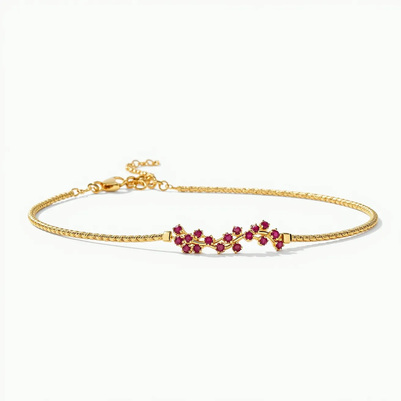 This tennis bracelet features a delicate gold band that gracefully wraps around the wrist. It showcases a series of small, round-cut red gemstones, arranged in a swirling pattern that adds elegance and vibrancy to the piece. Each gemstone is securely set in a prong setting, enhancing their visibility and sparkle. The bracelet is equipped with a lobster clasp, providing a secure and comfortable fit, along with an adjustable chain that allows for flexibility in sizing. The combination of the gold band and red gemstones creates a luxurious and striking appearance, making this bracelet a captivating accessory for any occasion.