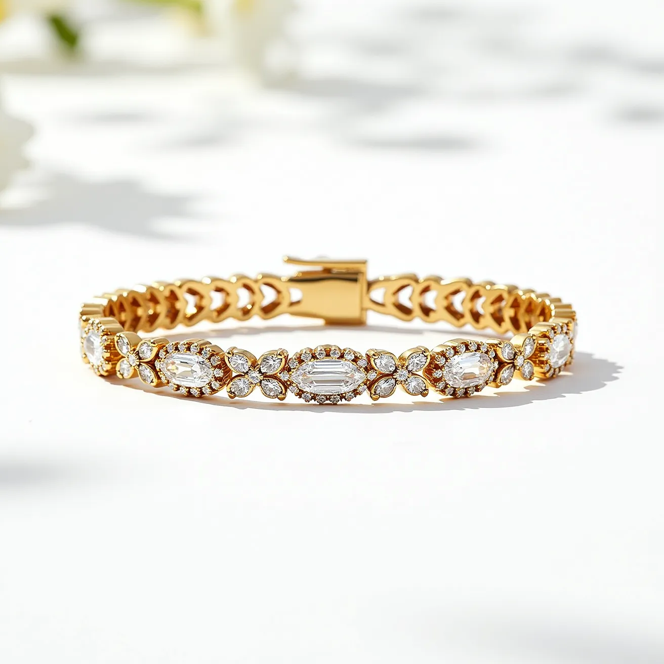 This tennis bracelet features a gold setting intricately designed with an alternating pattern of marquise and round cut gems. Each segment is composed of an elongated marquise-cut gem, surrounded by a halo of smaller round-cut stones, enhancing the bracelet's brilliance. In between these segments, delicate floral motifs made with round gemstones further add to its elegance. The bracelet is fastened with a secure, elegant clasp that ensures it remains firmly in place.