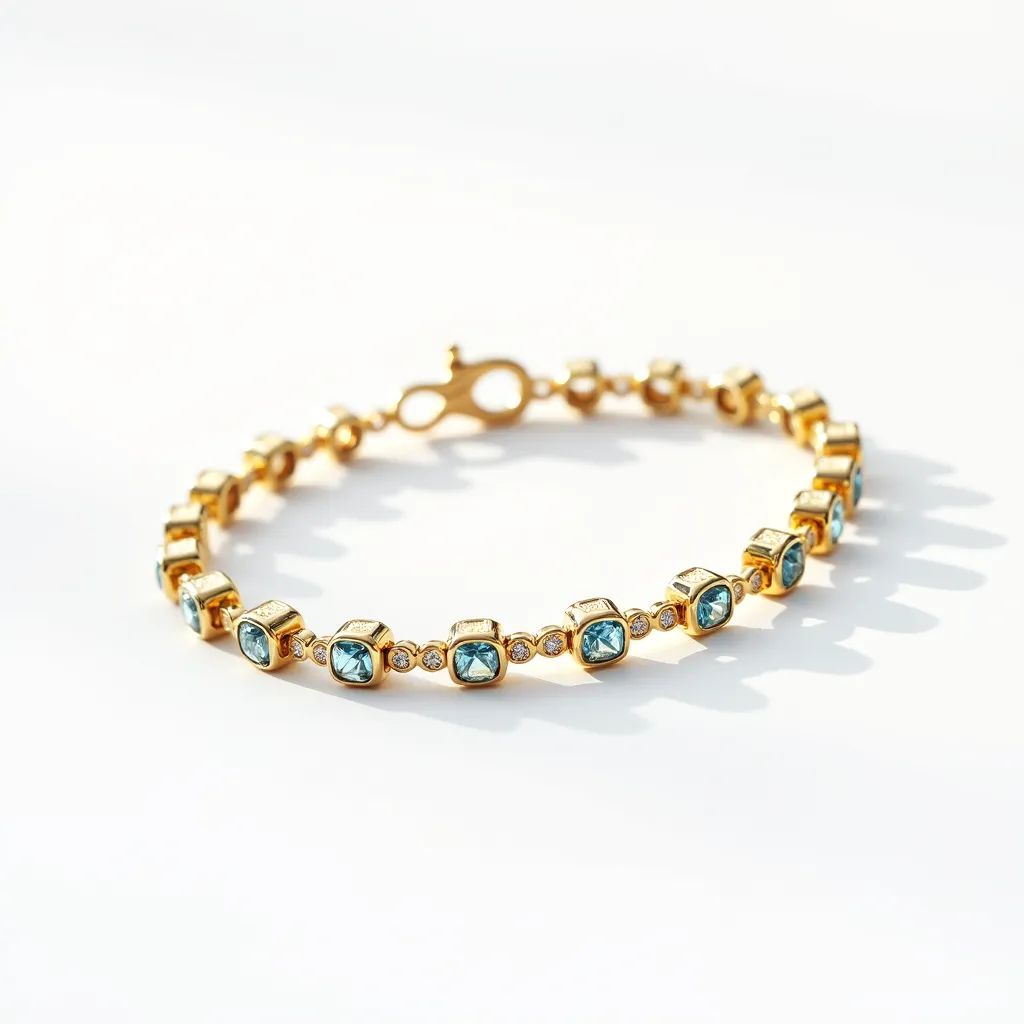 This tennis bracelet features a series of gold links, each adorned with a striking, cushion-cut blue gemstone. The blue stones are bezel-set, securely encased in gold settings that enhance their brilliance. Interspersed between the larger blue stones are small, round clear gemstones set in prong settings, adding a touch of sparkle and contrast to the design. The bracelet is secured with a lobster clasp, ensuring both style and functionality in its wear.