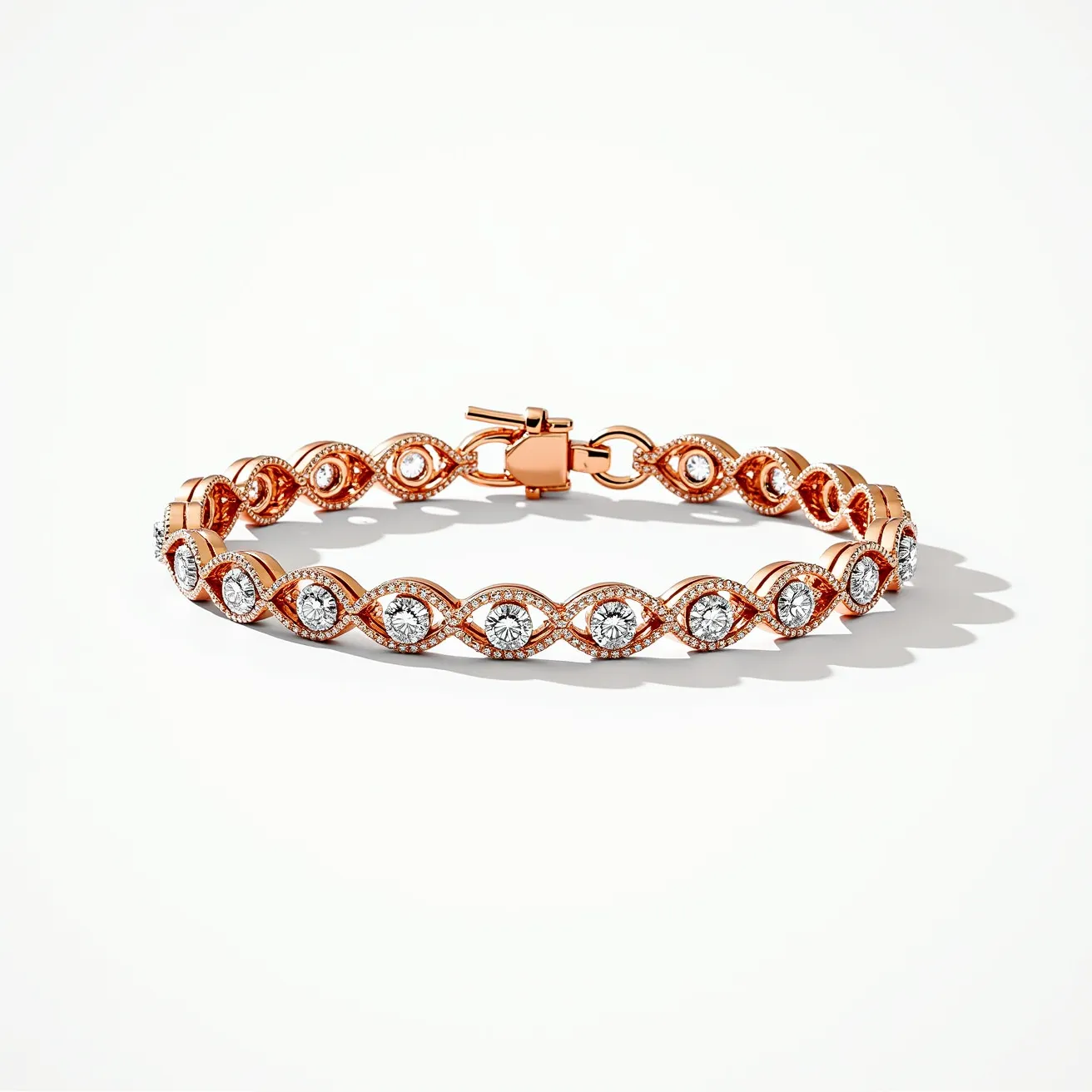 This tennis bracelet features an intricate design crafted from rose gold. Each link in the bracelet alternates between infinity symbols set with small, round-cut diamonds and cross motifs, also adorned with diamonds. Each infinity symbol encloses a larger, round-cut diamond in a secure prong setting, accentuating the brilliance of the gems. The bracelet is equipped with a secure box clasp mechanism, ensuring both elegance and safety when worn. The combination of rose gold and sparkling diamonds creates a timeless, luxurious look.