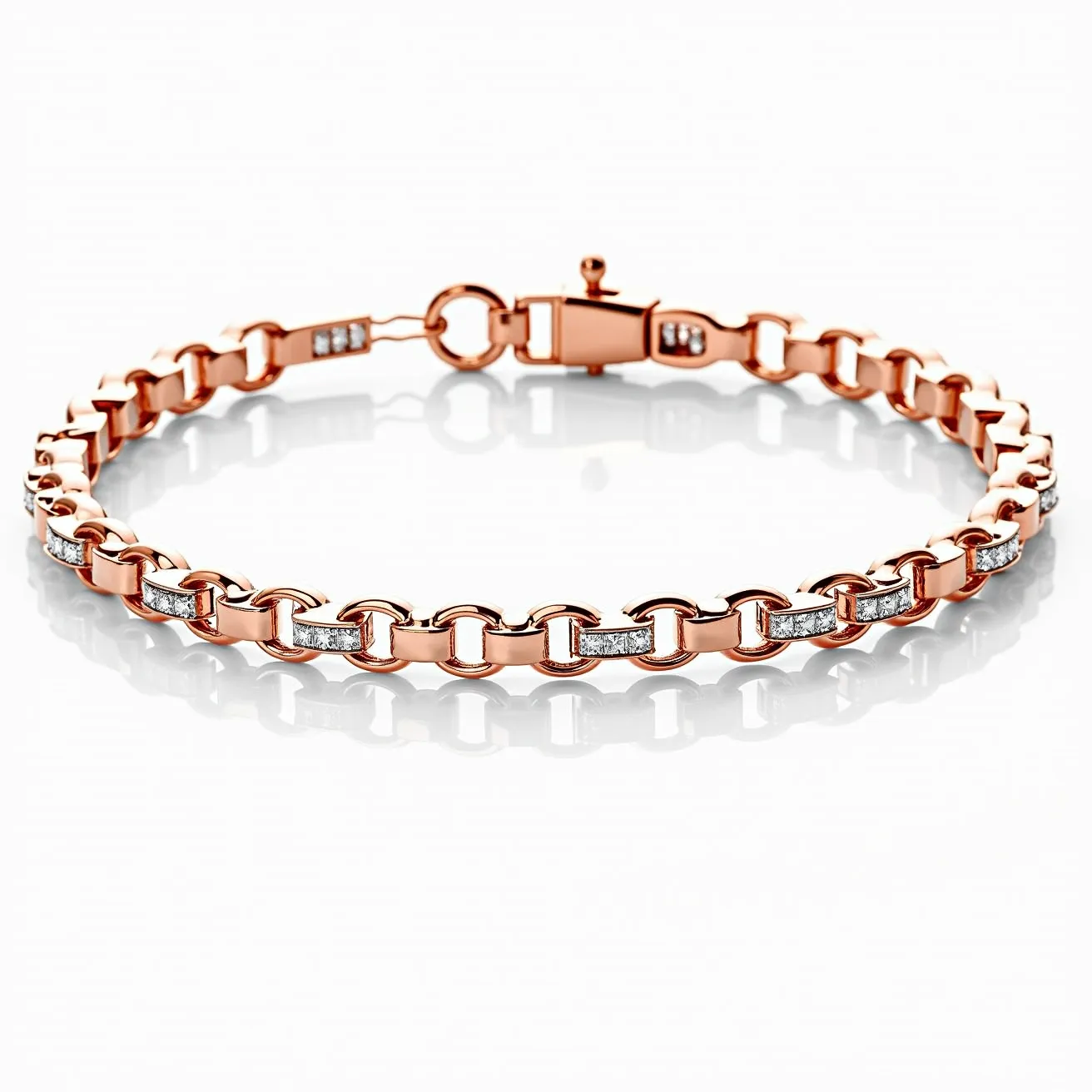 This tennis bracelet features a rose gold chain interlinked with rectangular segments that house rows of clear, sparkling stones. The stones are likely diamonds or cubic zirconia, set in a channel setting that enhances their brilliance. The bracelet is secured with a box clasp with an additional safety latch, ensuring a secure fit. The overall design is elegant and refined, with a balance between the warm tones of the rose gold and the scintillating shine of the gems.