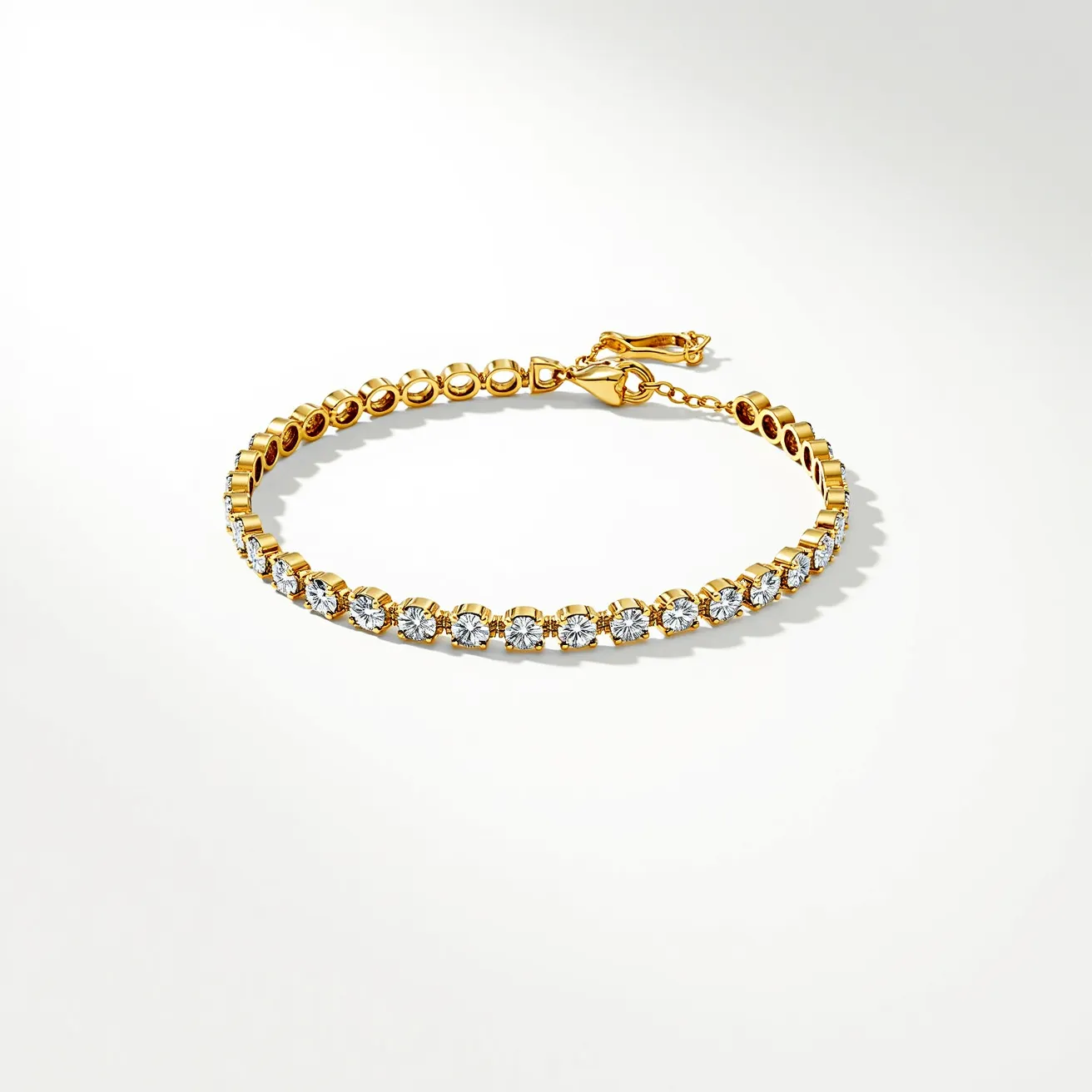 This tennis bracelet features a series of round-cut diamonds, each securely set in a yellow gold prong setting which enhances their brilliance and showcases the gemstones elegantly. The bracelet's design is uniform, with each diamond evenly spaced and perfectly aligned to create a continuous, dazzling line. The piece is completed with a secure clasp mechanism, ensuring the bracelet stays fastened on the wrist while providing both style and safety. The luxurious combination of yellow gold and sparkling diamonds makes this bracelet a timeless and elegant accessory.