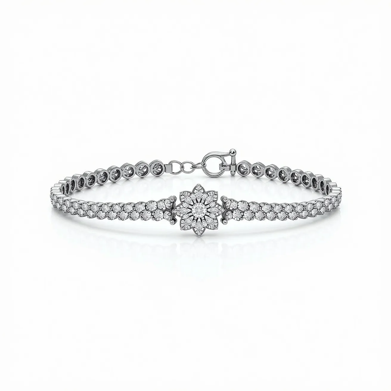 This tennis bracelet features a symmetrical arrangement of round-cut diamonds set in a double row along its length, culminating in a prominent central flower-shaped design crafted of multiple round-cut diamonds in a pavé setting. The bracelet is crafted from what appears to be white gold or platinum, lending a luminous and elegant background to the tightly set stones. The piece is secured with a spring-ring clasp, ensuring both functionality and seamless integration into the overall aesthetic of this refined jewelry piece.