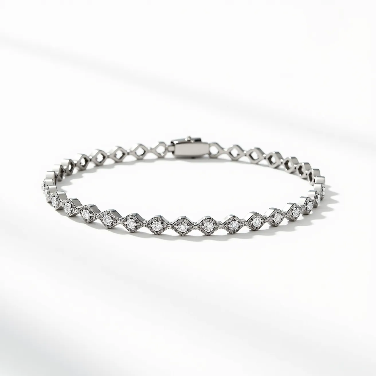 This tennis bracelet features a series of round-cut diamonds, each set individually in a prong setting that enhances the appearance of the stones while ensuring their security. The bracelet's metal appears to be white gold or platinum, contributing to a sleek, modern look that complements the brilliance of the diamonds. The design connects each gem in a continuous line, creating a seamless and elegant appearance. The bracelet is secured with a box clasp, offering both functionality and a streamlined look that blends seamlessly into the overall design.