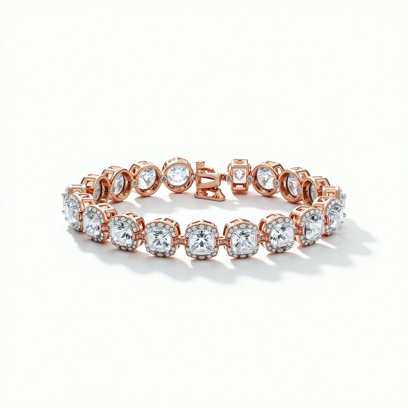 This tennis bracelet features a series of large, clear gemstones, each cut in a cushion shape and set in rose gold prong settings that enhance their brilliance. The stones are likely diamonds or high-quality diamond simulants, given their clarity and sparkle. Each setting is adorned with a surrounding halo of smaller stones, adding to the overall radiance of the piece. The bracelet is secured with a box clasp, providing a sturdy and elegant closure. The combination of the rose gold metal and sparkling gems creates a luxurious and timeless design.