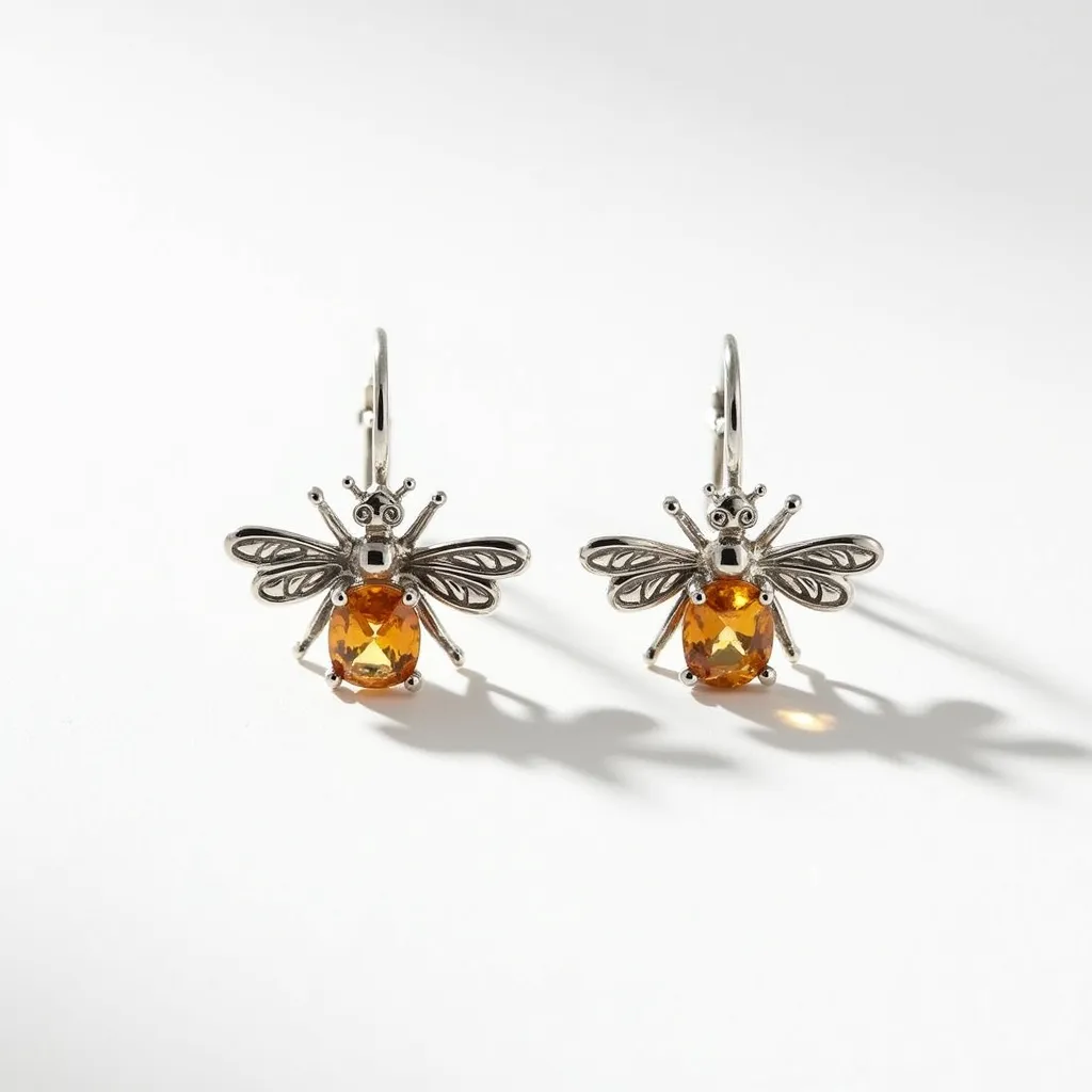 These bee earrings feature a detailed design crafted from silver-toned metal, forming the body and wings of the bee. The wings are intricately carved, adding texture and a sense of movement to the piece. Each earring includes a prominent gem, likely a citrine, set in an oval cut that serves as the bee's abdomen, secured in a prong setting, enhancing the stone's natural brightness and color. The attachment method is a lever-back clasp, providing a secure and comfortable fit for the wearer.