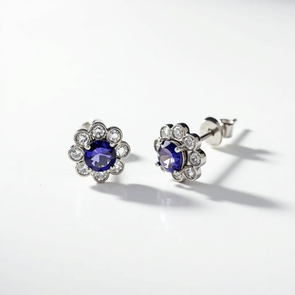 These birthstone earrings feature a central round-cut blue gemstone, likely sapphire, which is often associated as the birthstone for September. The central stone is beautifully encircled by a halo of smaller round clear stones, possibly diamonds or cubic zirconia, set in a floral design. The setting appears to be made of a shiny metal, possibly white gold or platinum, which enhances the luxurious appearance of the earrings. The earrings use a classic post and butterfly clutch back, ensuring a secure and comfortable fit.