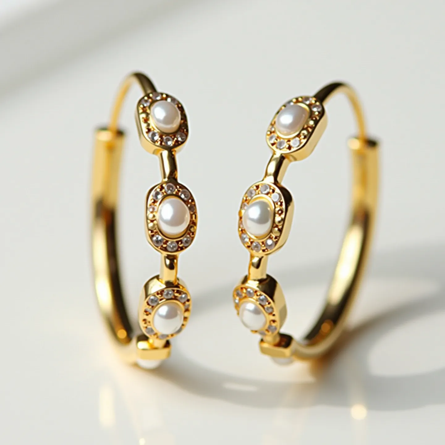 These cartilage hoop earrings feature a polished gold finish, giving them a luxurious appearance. Each hoop incorporates a series of evenly spaced oval settings, which cradle luminous white pearls as their central gems. Surrounding each pearl are small, round cut stones, possibly diamonds or cubic zirconia, enhancing the overall sparkle and sophistication of the design. The hoops appear to utilize a hinge clasp mechanism, ensuring secure attachment while being worn, which is both practical and elegant in its simplicity.